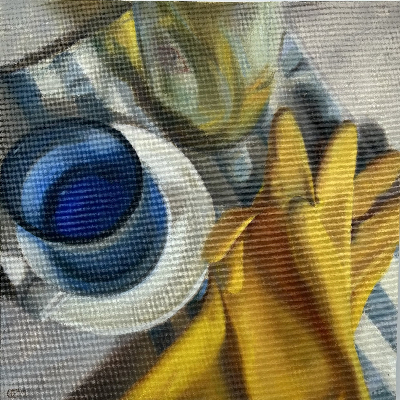 Caroline Moore. Chores Not Wars. Oil on canvas panel. 25x25cms